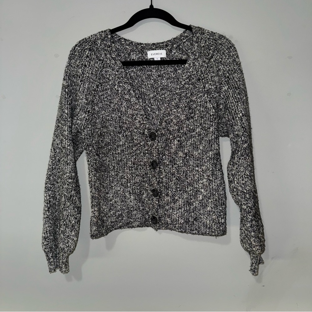 Evereve Womens Black White Marled Chunky Knit V-Neck Button Cardigan Sweater S